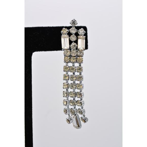 Vintage Crystal Clip On Earrings Baguette Rhinestone Dangle Fringe Shiny Bin7 - Picture 7 of 12